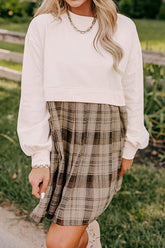 Plaid Round Neck Long Sleeve Mini Dress OutfitFlow